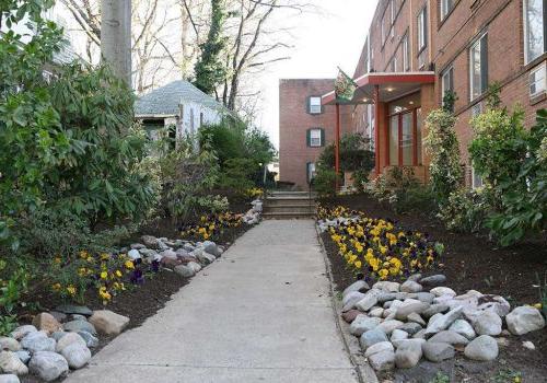 Entrance to a residential building at Eola Park apartments for rent surrounded by yellow and purple flowers