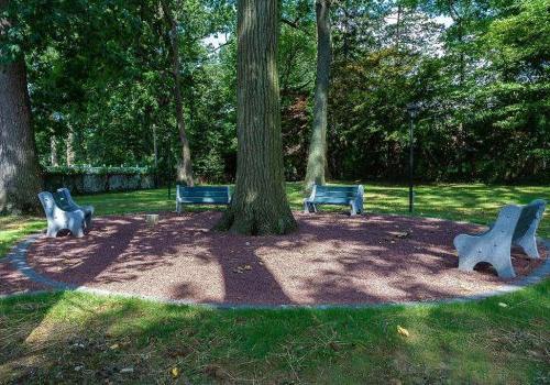 Outdoor bench seating area surrounding a tree at Eola Park apartments for rent in Philadelphia, PA